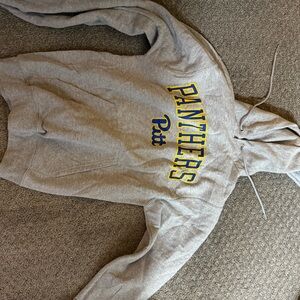 Champion Gray Hoodie with Blue and Yellow Accents